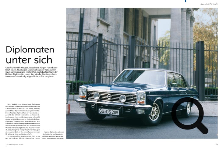 Reportage über einen 30 Jahre alten Opel Diplomat. Erschienen im Opel Magazin.